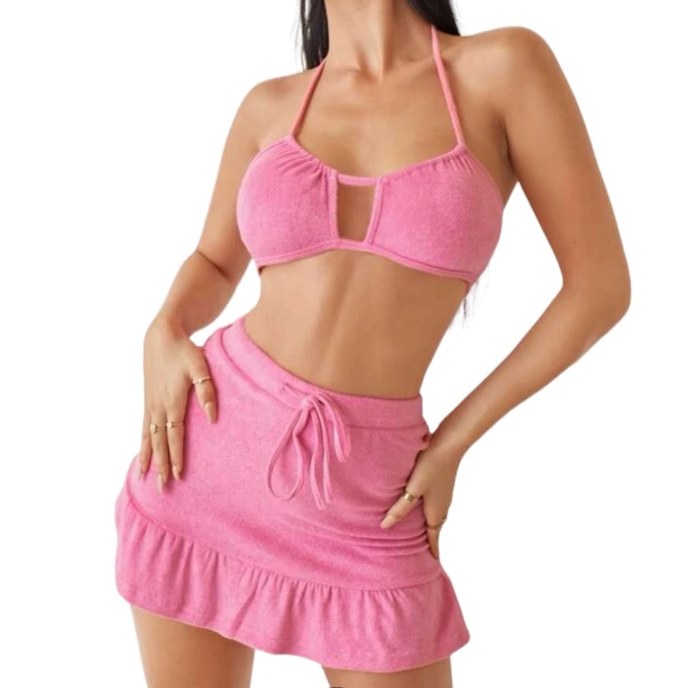 Y2K halter top & drawstring waist hem skirt set towel